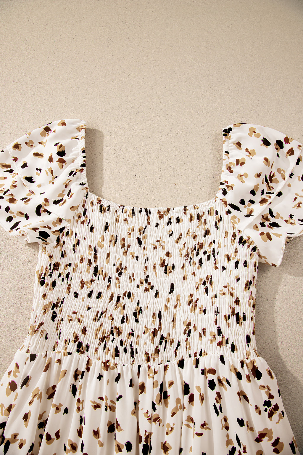 Beige Ditsy Floral Print Smocked Square Neck Ruffle Short Sleeve Dress 🇺🇸