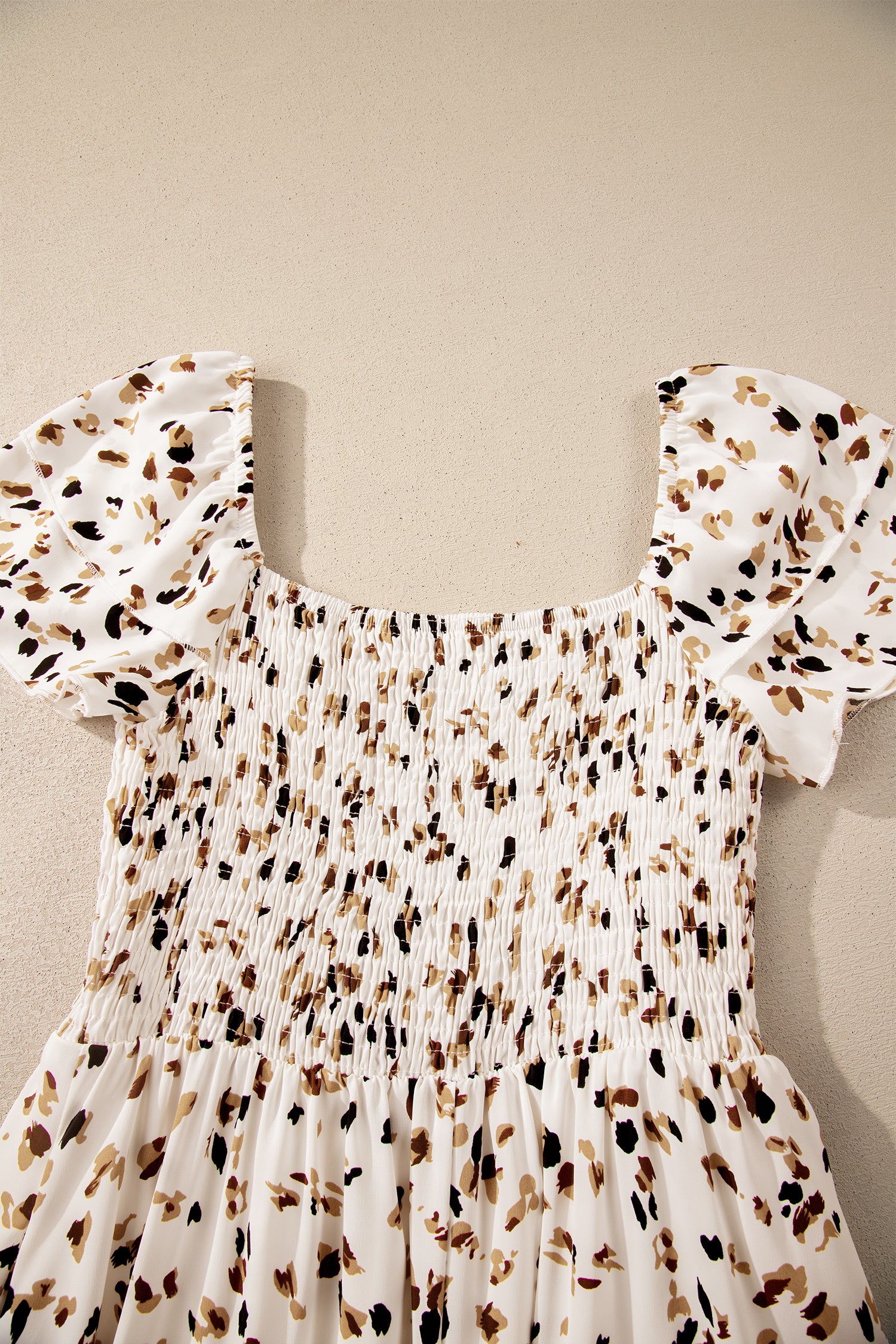 Beige Ditsy Floral Print Smocked Square Neck Ruffle Short Sleeve Dress 🇺🇸
