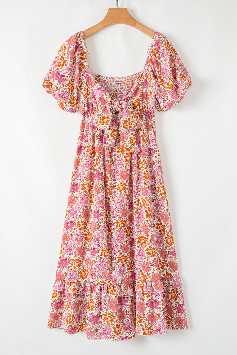 Pink Floral Square Neck Knotted Ruffle Midi Dress 🇨🇳