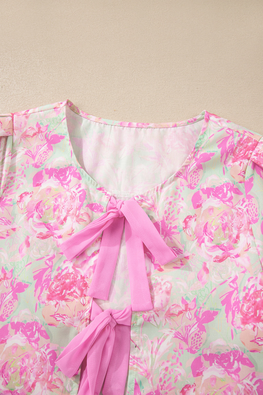 Pink Ribbon Knot Front Floral Short Puff Sleeve Blouse 🇺🇸