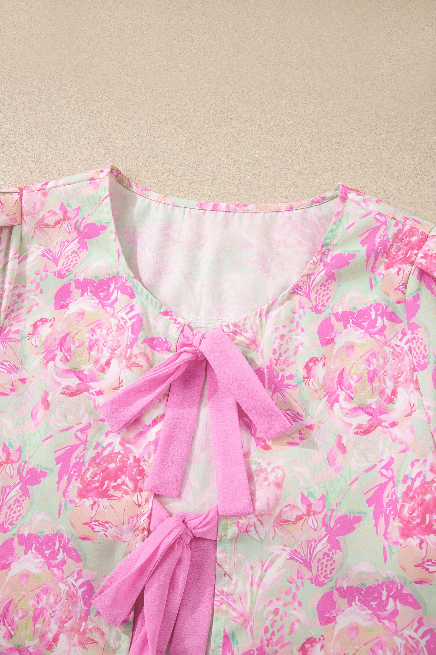 Pink Ribbon Knot Front Floral Short Puff Sleeve Blouse 🇺🇸