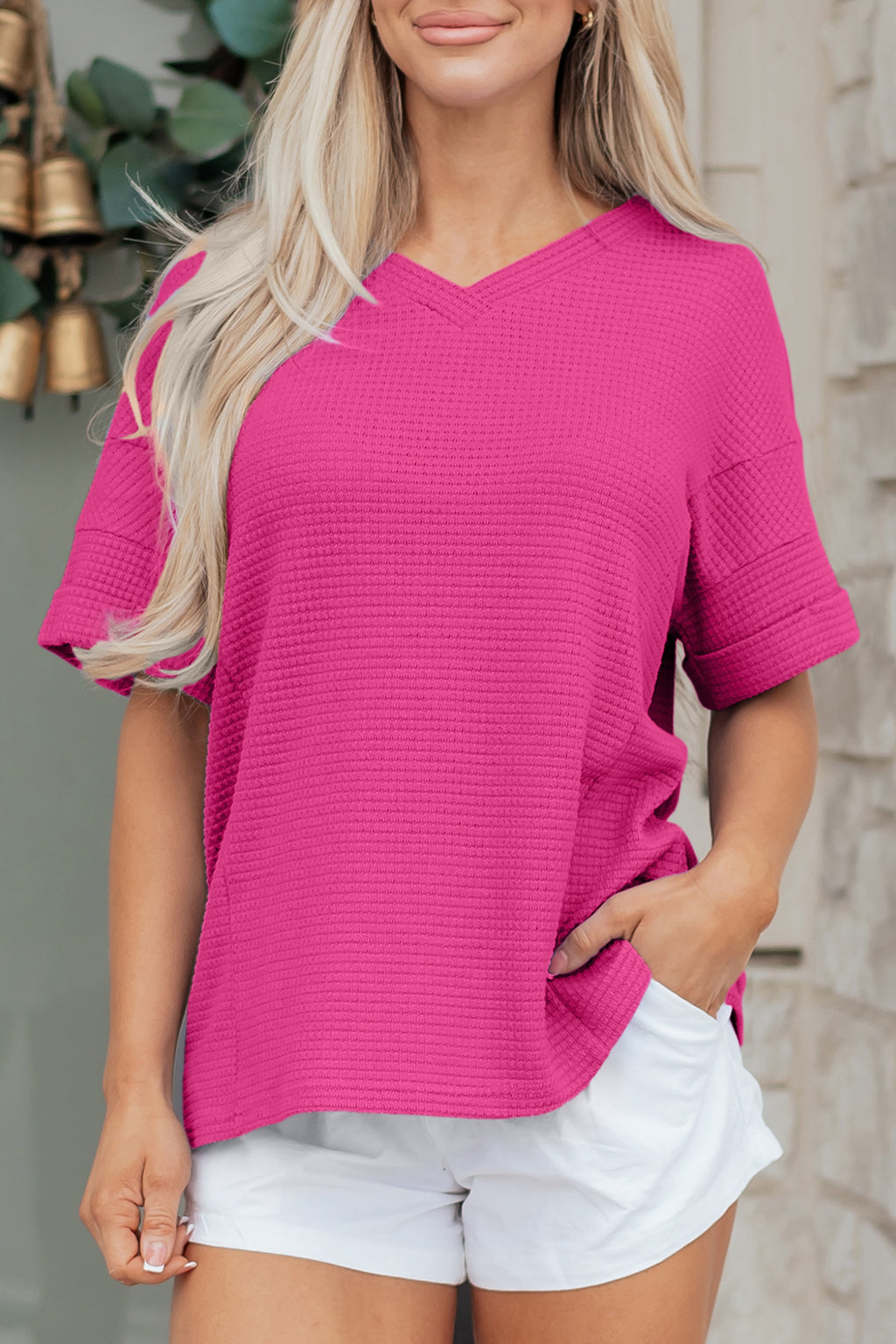 Strawberry Pink Waffle V Neck Short Sleeve Knit Top 🇺🇸