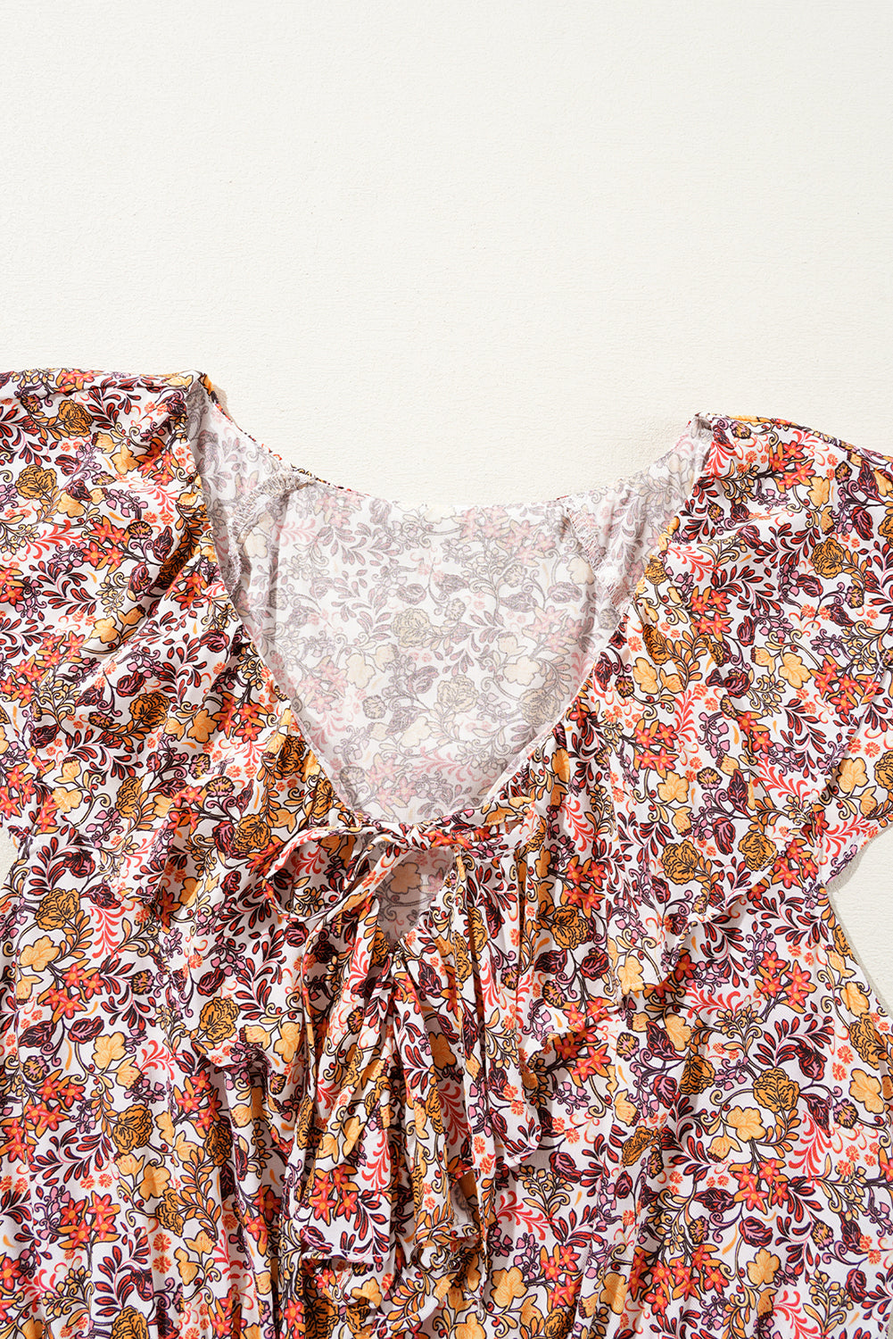 Red Floral Print Knot V Neck Ruffled Sleeve Blouse 🇺🇲