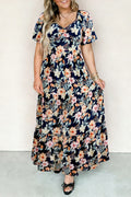 Blue Short Sleeve Smocked Detail High Waist Floral Maxi Dress 🇺🇸