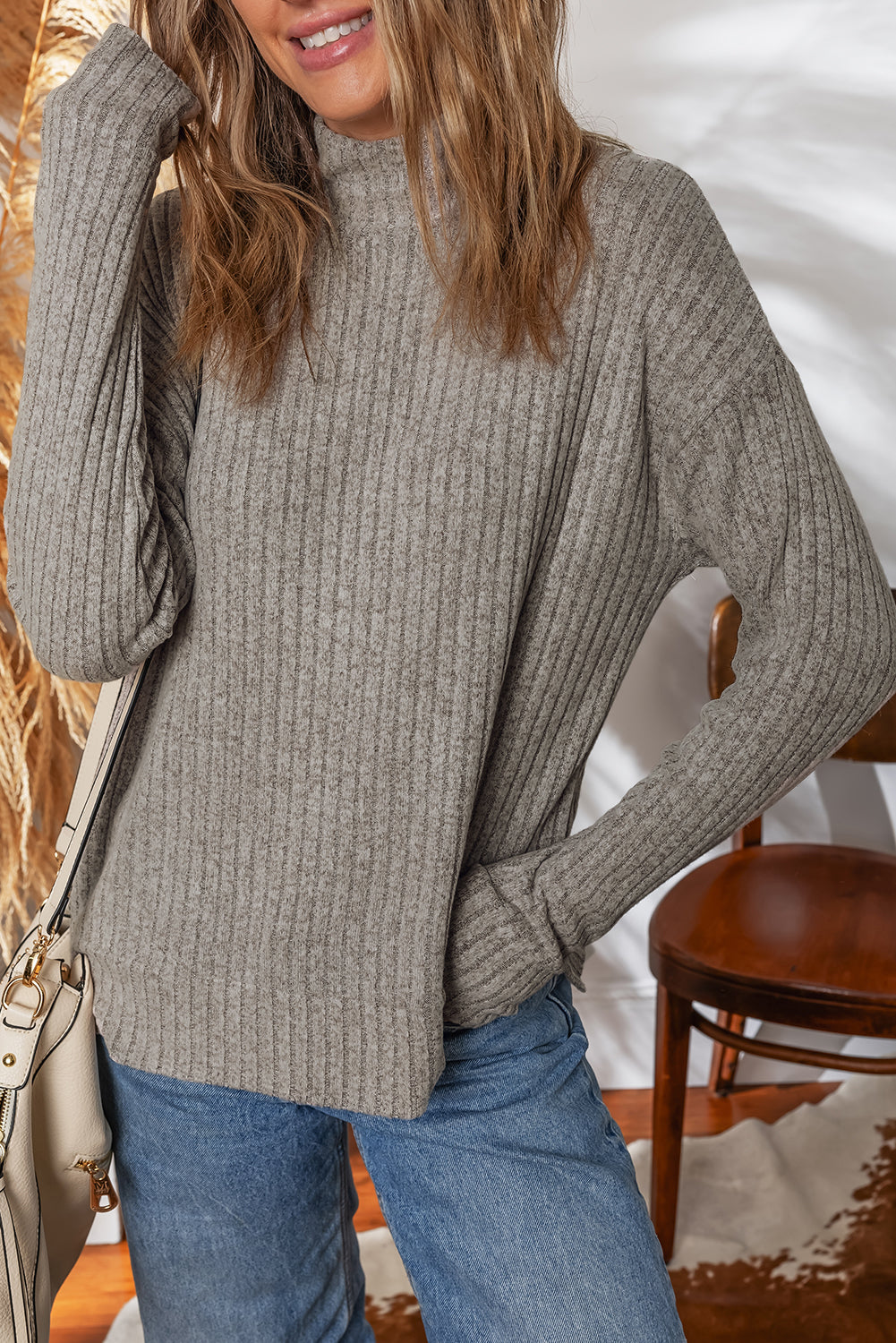 Gray Morn Ribbed High Neck Knitted Pullover Top 🇺🇸