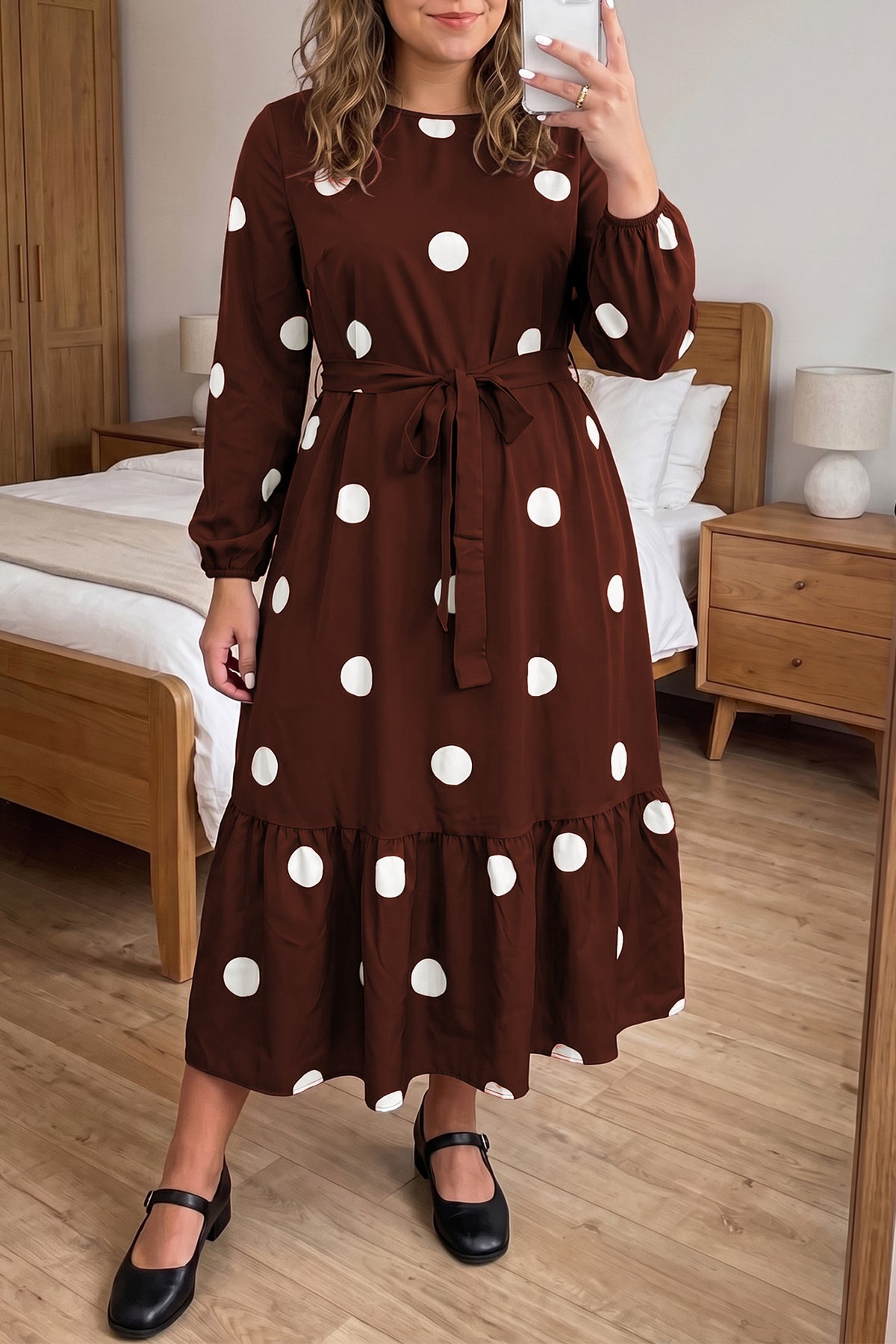 Brown Polka Dot Ruffled Hem Long Sleeve Tie Waist Plus Size Dress 🇺🇸