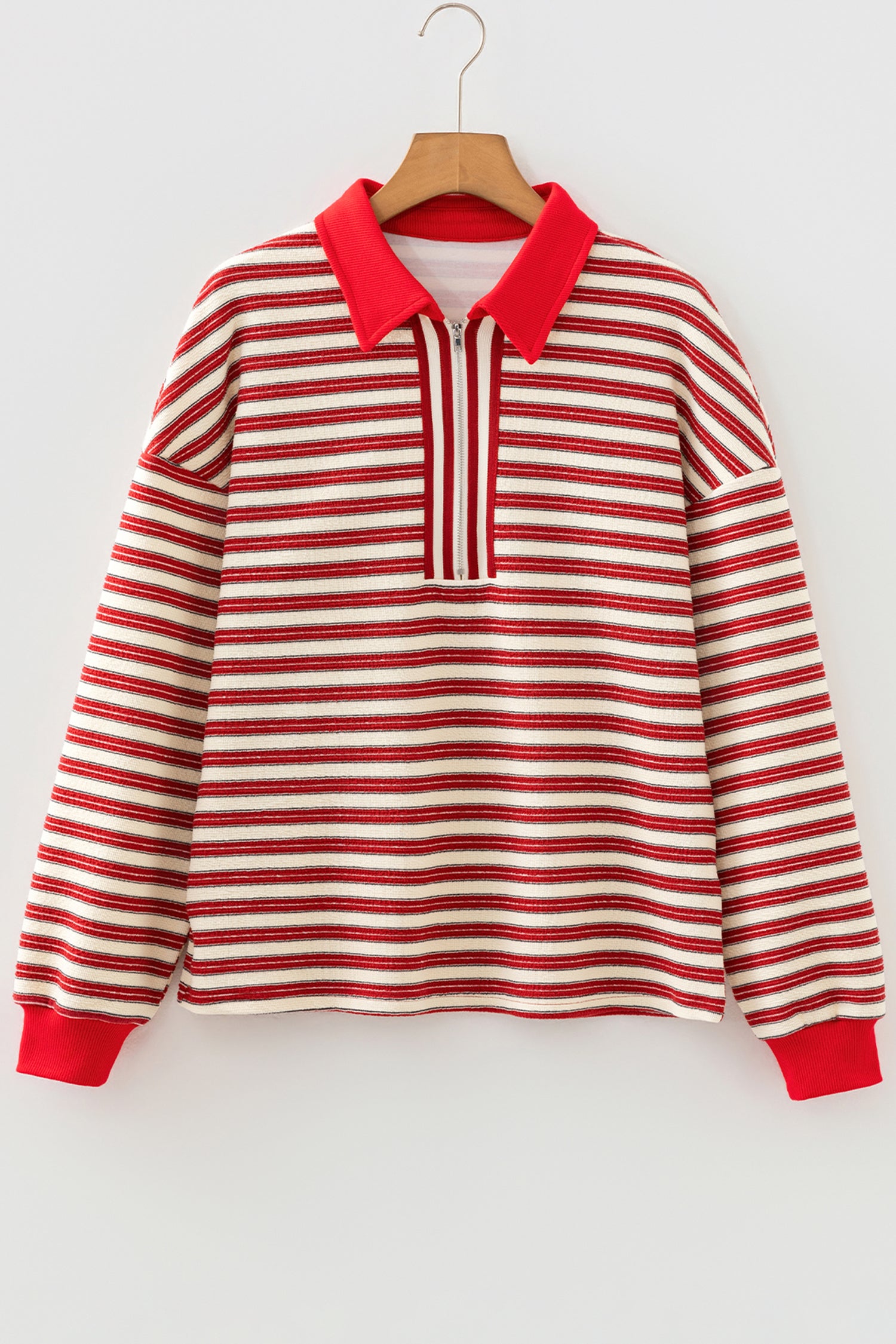 Racing Red Striped Print Contrast Collar Zip V Neck Long Sleeve Top 🇺🇸