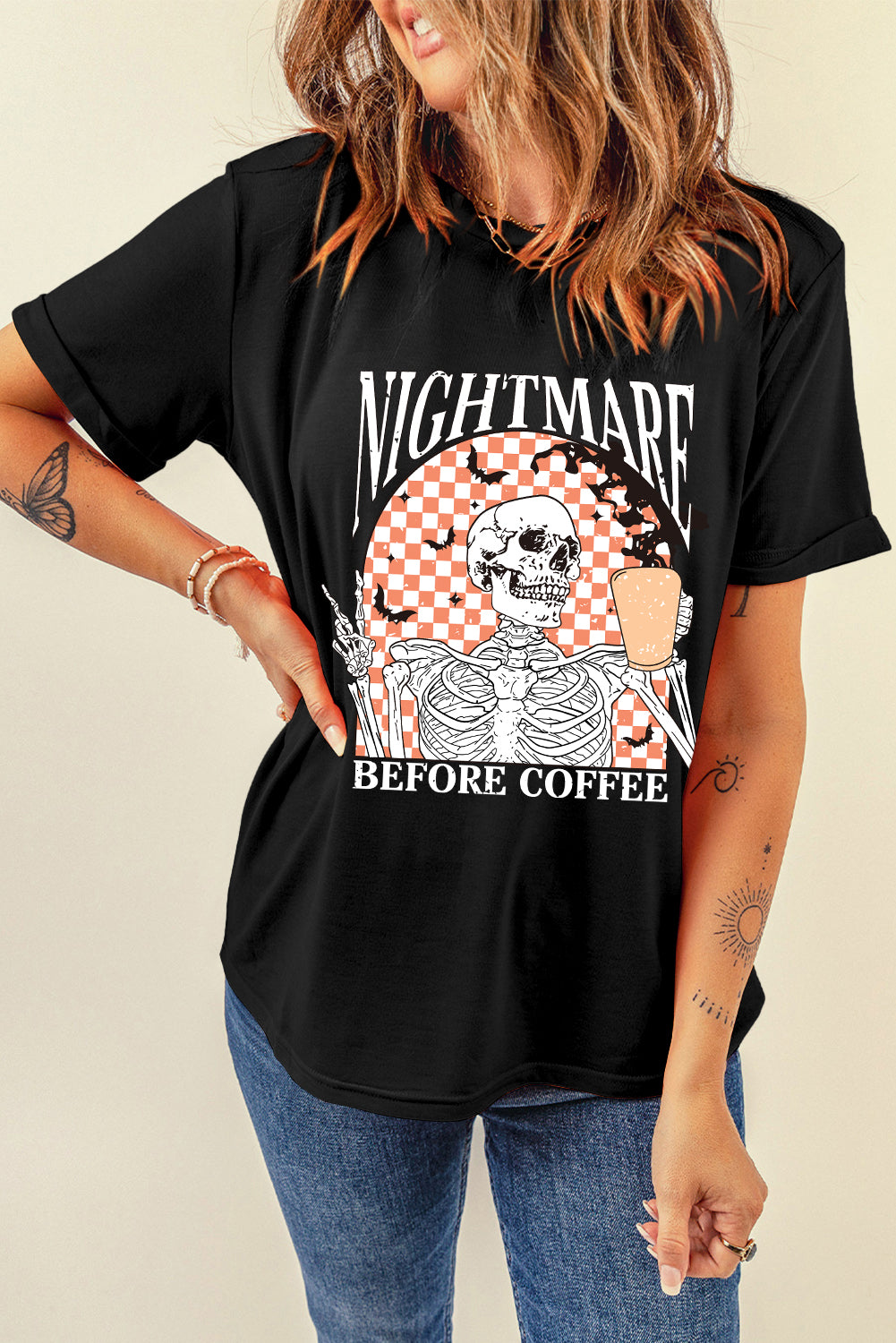 Black Nightmare Before Coffee Skull Checkerboard Graphic Halloween Tee 🇺🇲