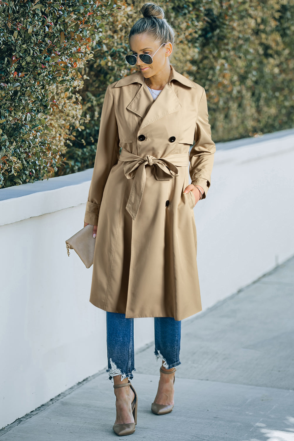 Pale Khaki Solid Color Lapel Collar Waist Tie Wind Coat 🇺🇸