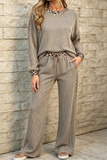 Simply Taupe Cozy Ribbed Patchwork Leopard Trim Long Sleeve 2pcs Pant Set 🇺🇸
