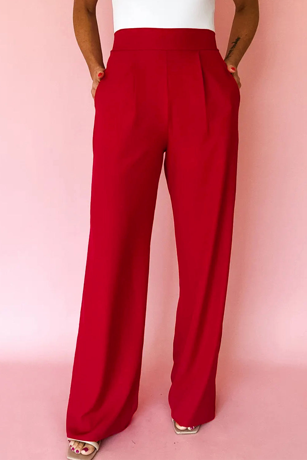 Fiery Red Pleated Detail Pull On High Elastic Waist Loose Straight Pants 🇺🇸