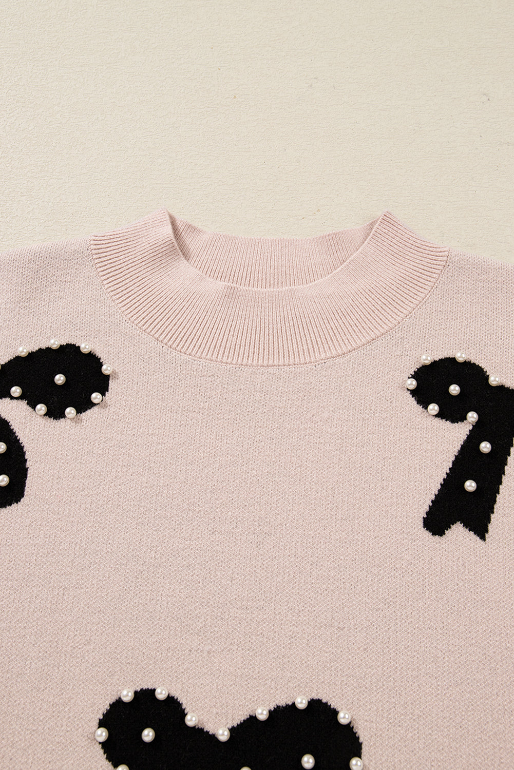 Smoke Gray Pearl Embellished Bow Pattern Loose Sweater 🇺🇸