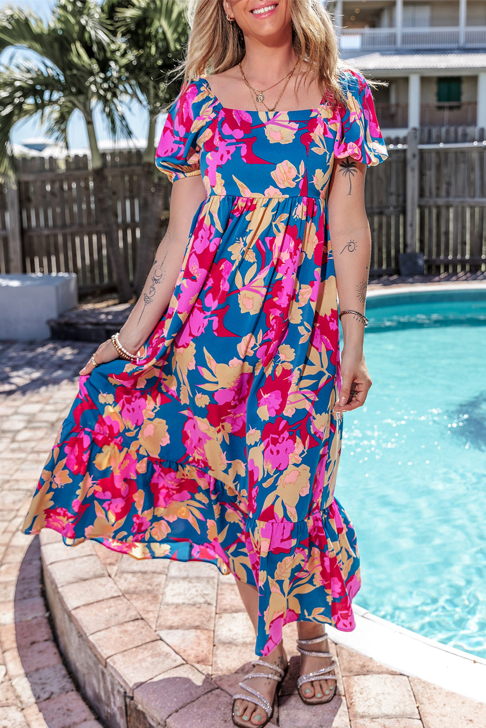 Dark Blue Square Neck Bubble Sleeve Ruffled Floral Dress 🇺🇸