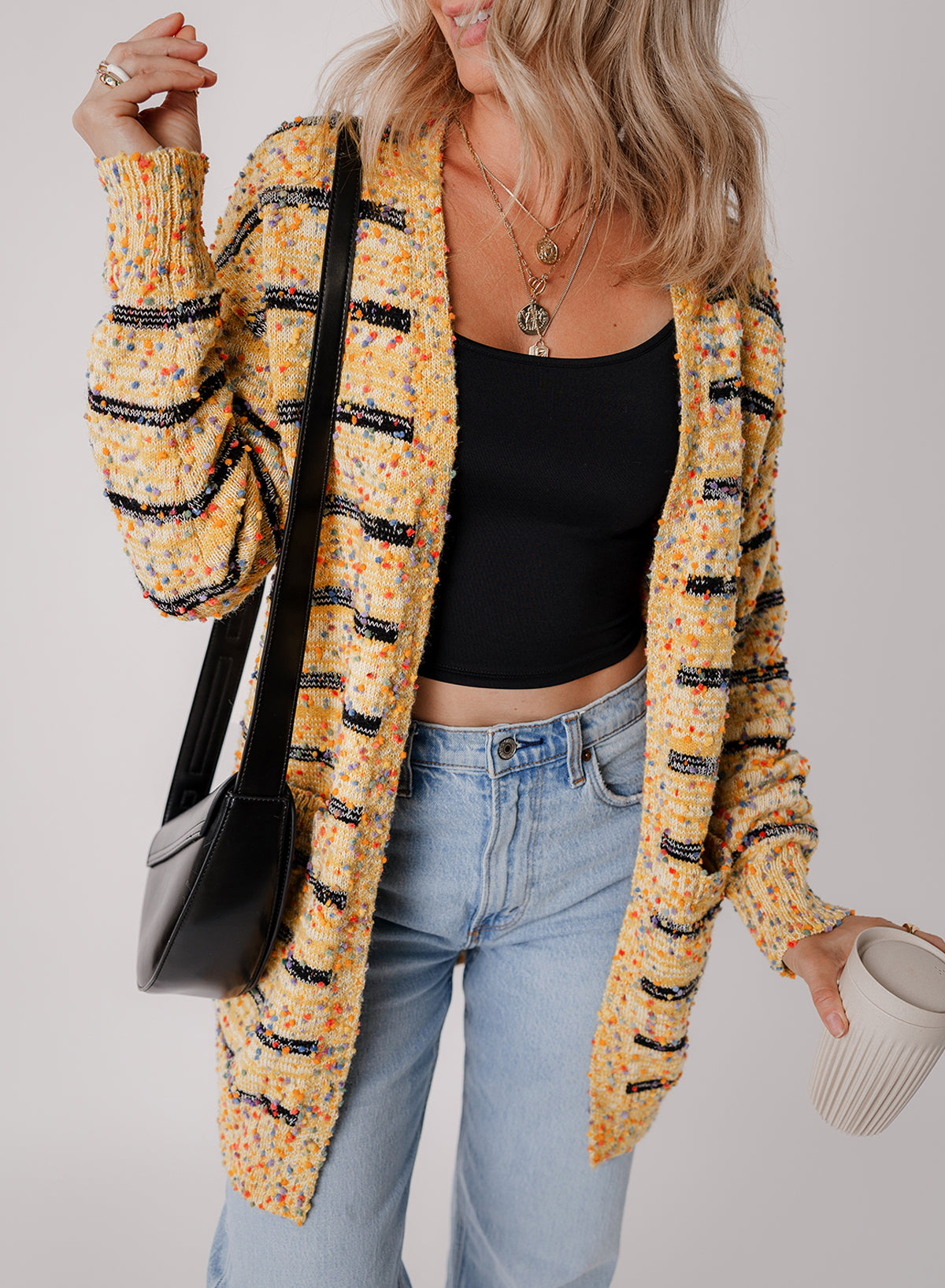 Beige Striped Pom Pom Knit Open Front Long Cardigan 🇨🇳