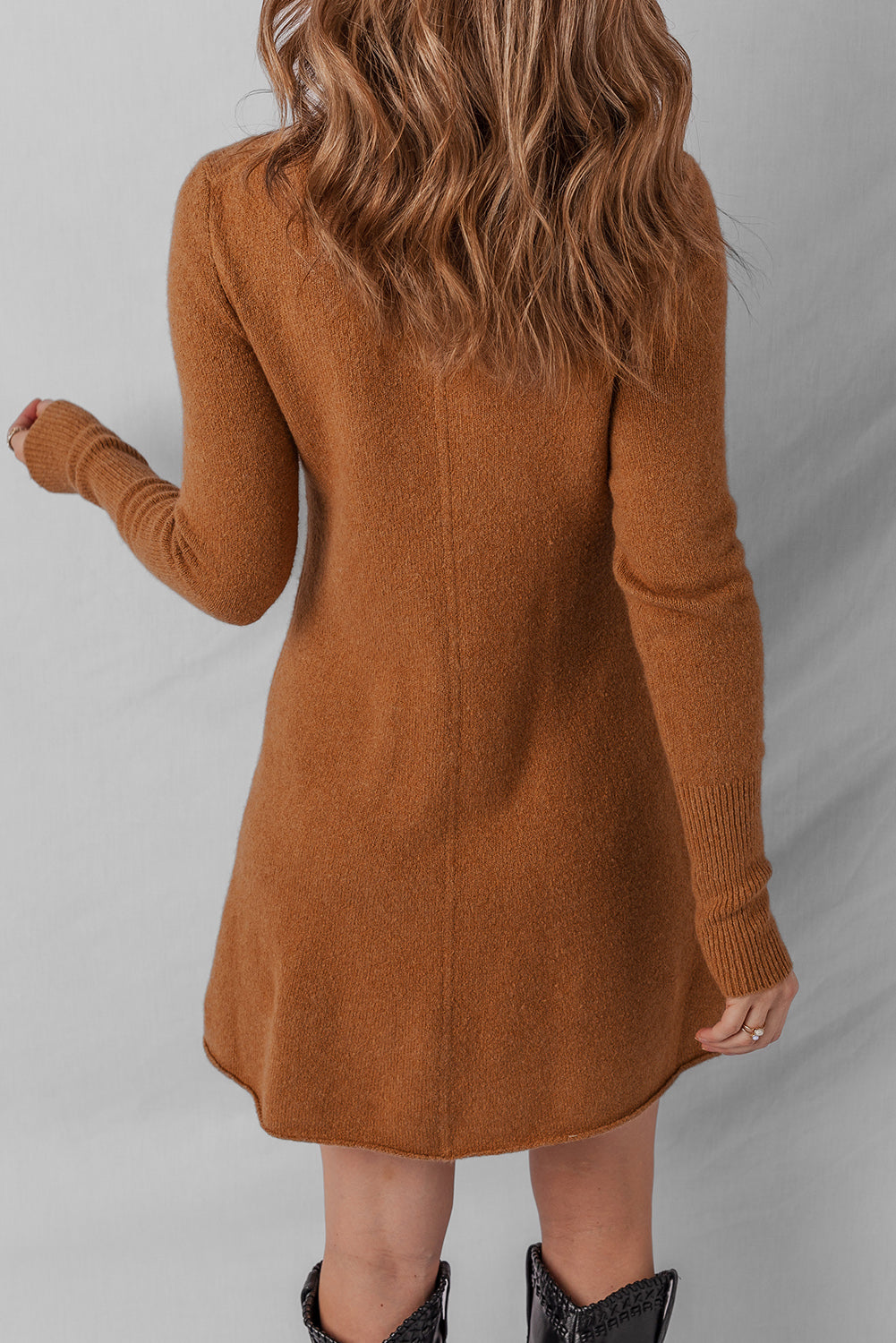 Straw Yellow Ribbed Detail Solid Color Mini Sweater Dress 🇺🇲