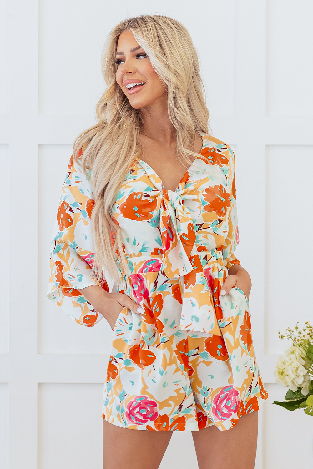 Orange Blooming Floral Print Front Tie Romper 🇺🇸