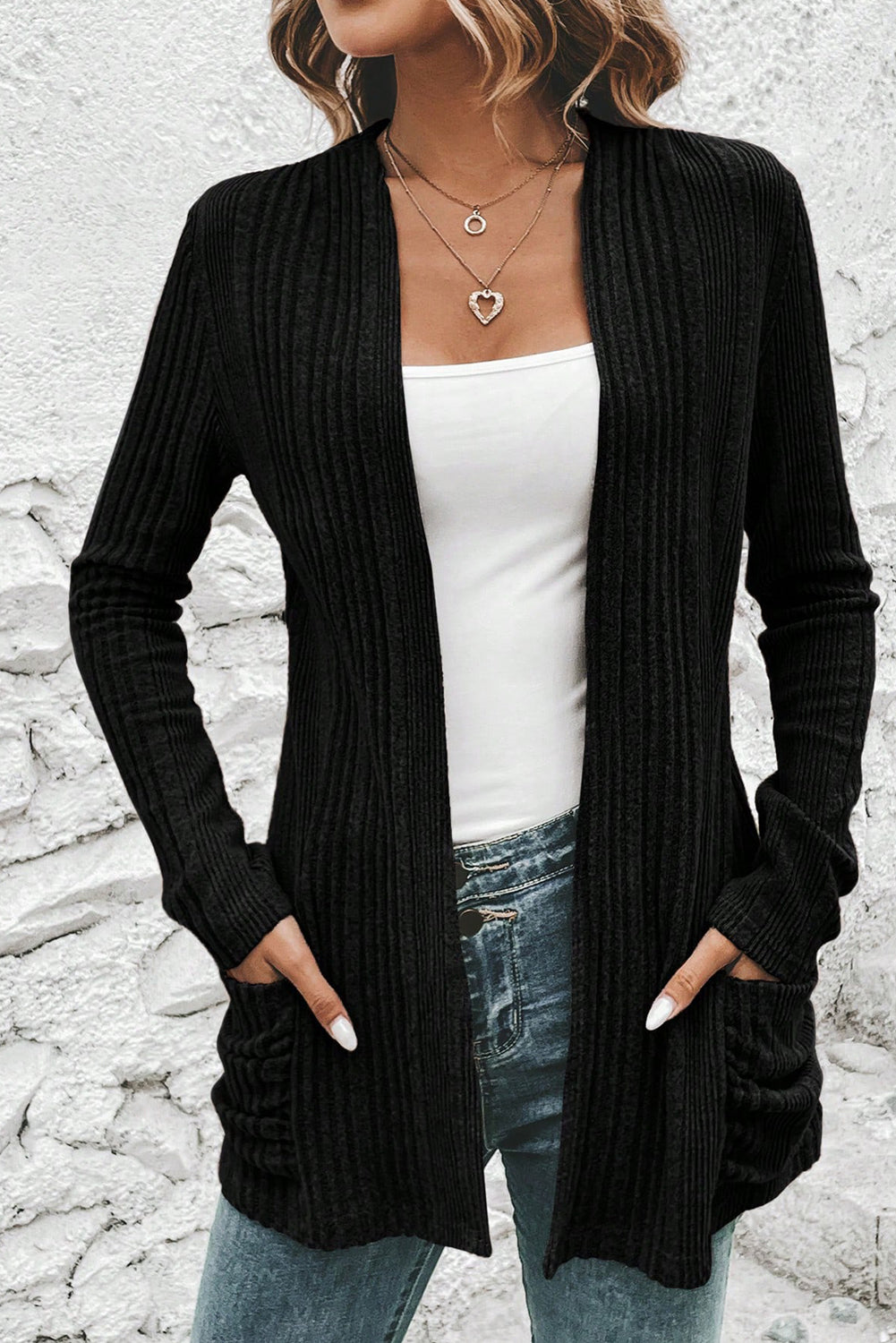 Black Ribbed Open Front Knitted Top with Pockets 🇺🇸