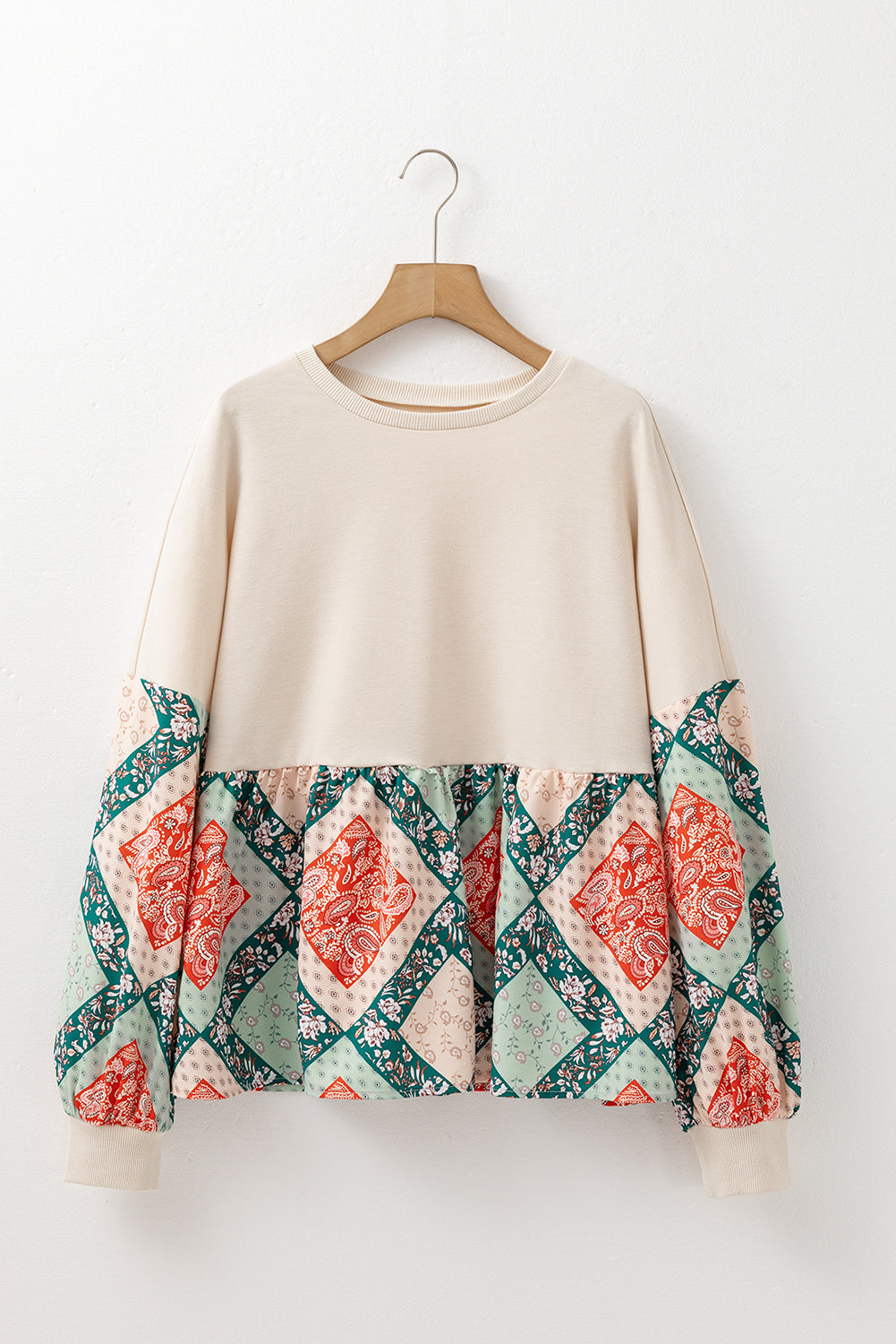 Jet Stream Paisley Geometric Patchwork Crew Neck Loose Fit Top 🇺🇸