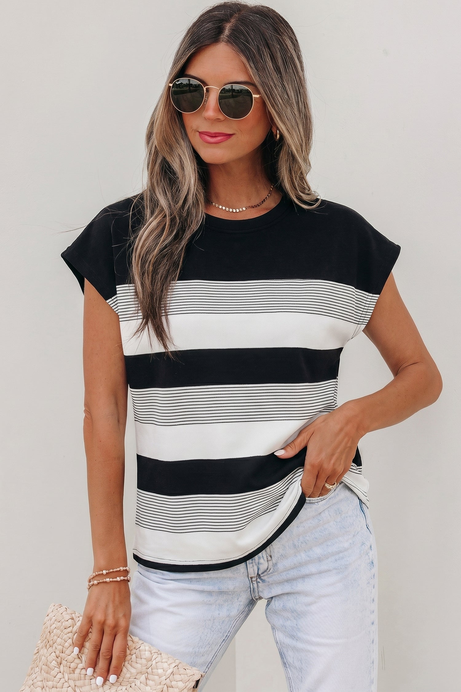 Black Stripe Mixed Print Crew Neck Cap Sleeve T Shirt 🇺🇸