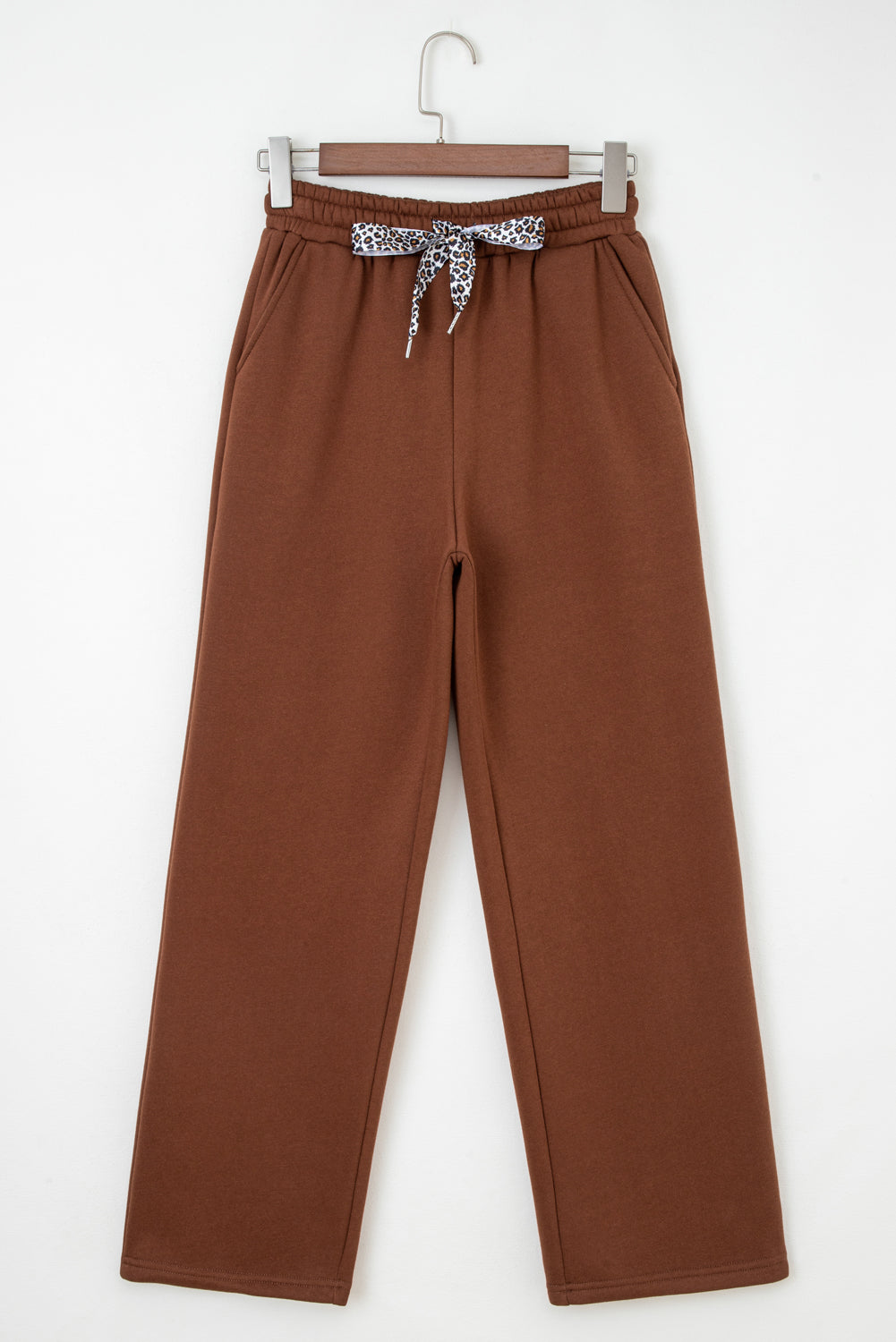 Coffee Fleece Lined Leopard Drawstring Elastic Waist Solid Pants 🇺🇸