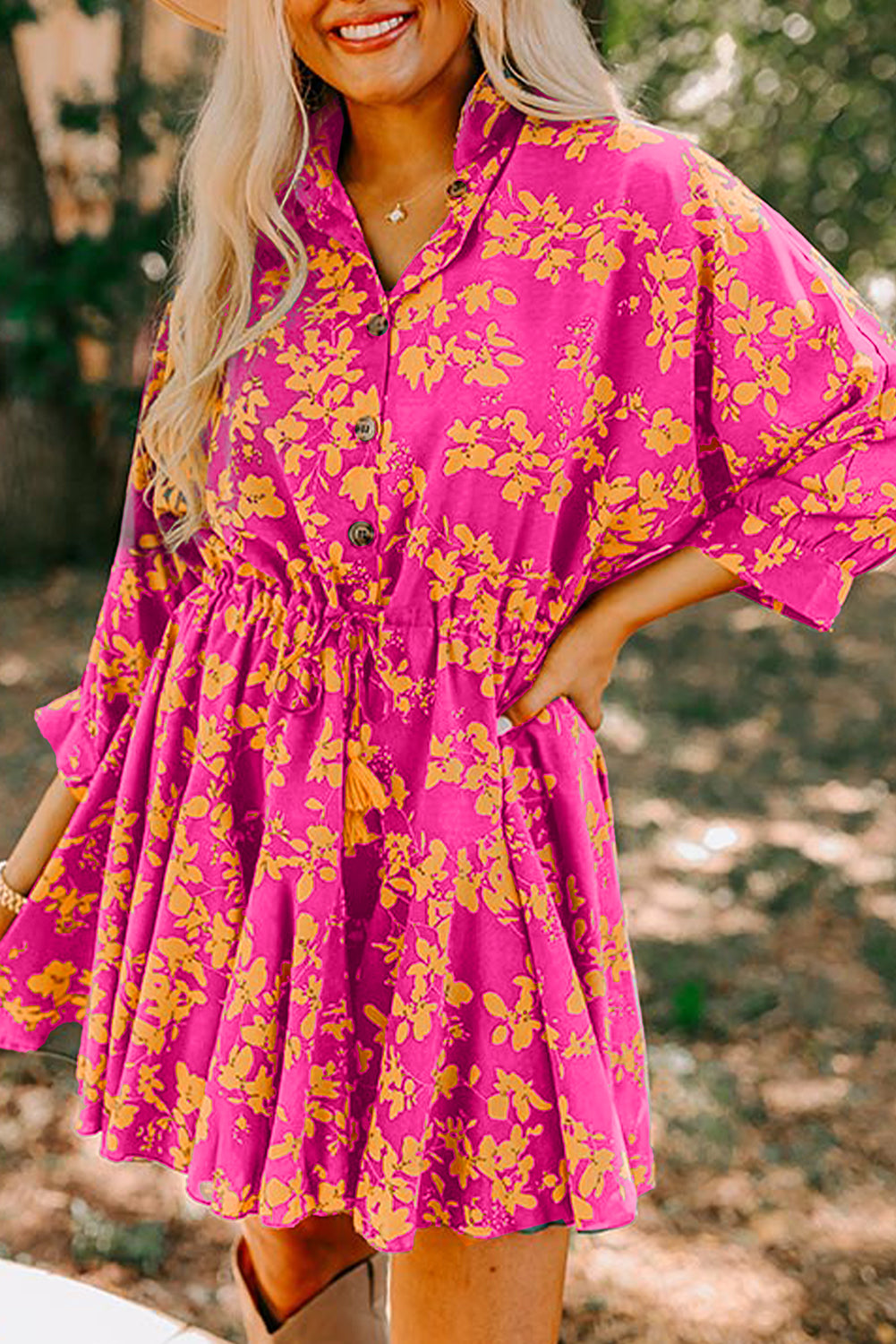 Pink Floral Print Drawstring Tunic Flowy Short Dress 🇺🇸