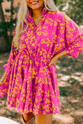 Pink Floral Print Drawstring Tunic Flowy Short Dress 🇺🇸