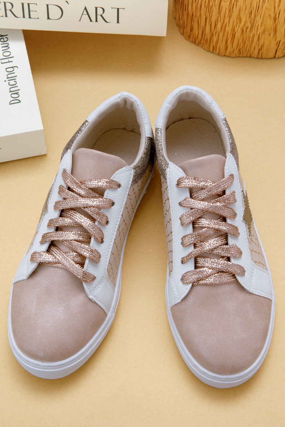 Gold Glitter Star Patchwork PU Leather Lace-up Sneakers 🇺🇸