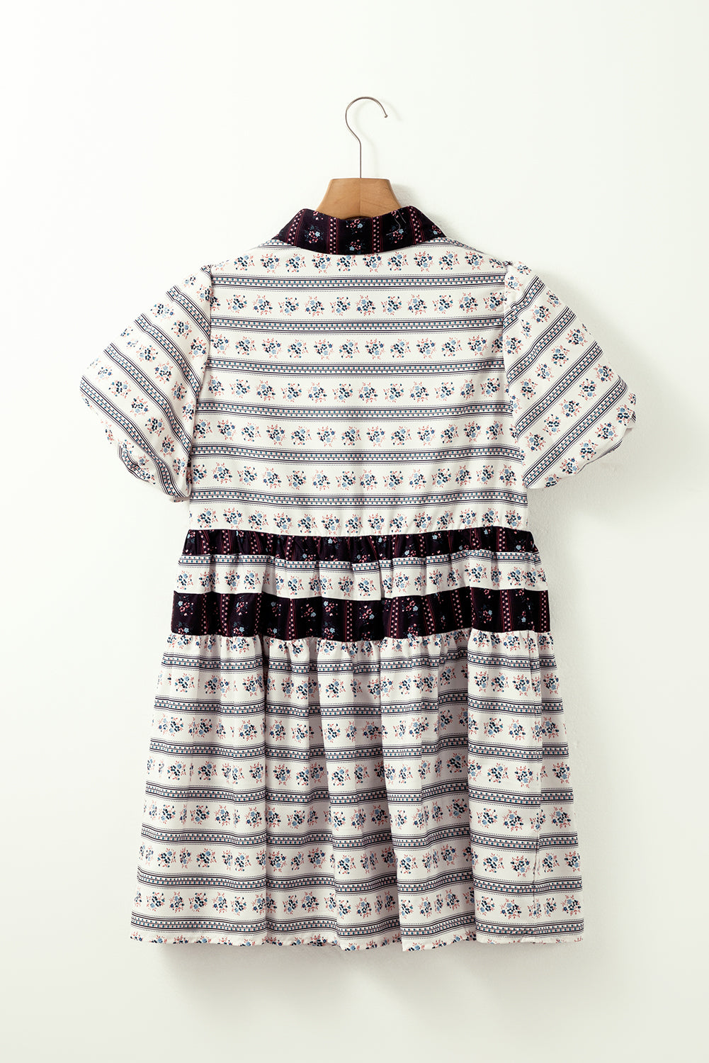 Black Boho Floral Striped Contrast Trim Bubble Sleeve Flared Dress 🇺🇸