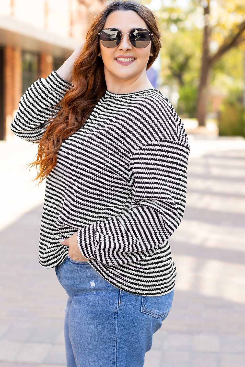 Black Stripe Drop Shoulder Puff Long Sleeve O Neck Plus Size T Shirt 🇨🇳