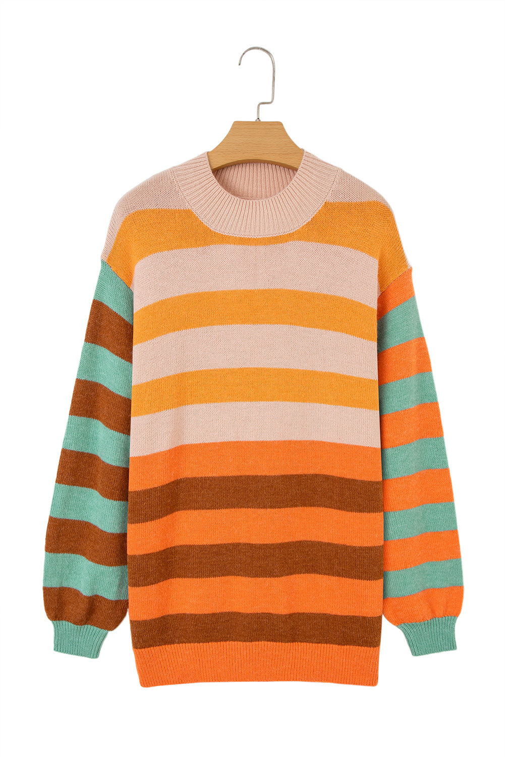 Orange Stripe Color Block High Neck Drop Shoulder Cozy Sweater 🇺🇲