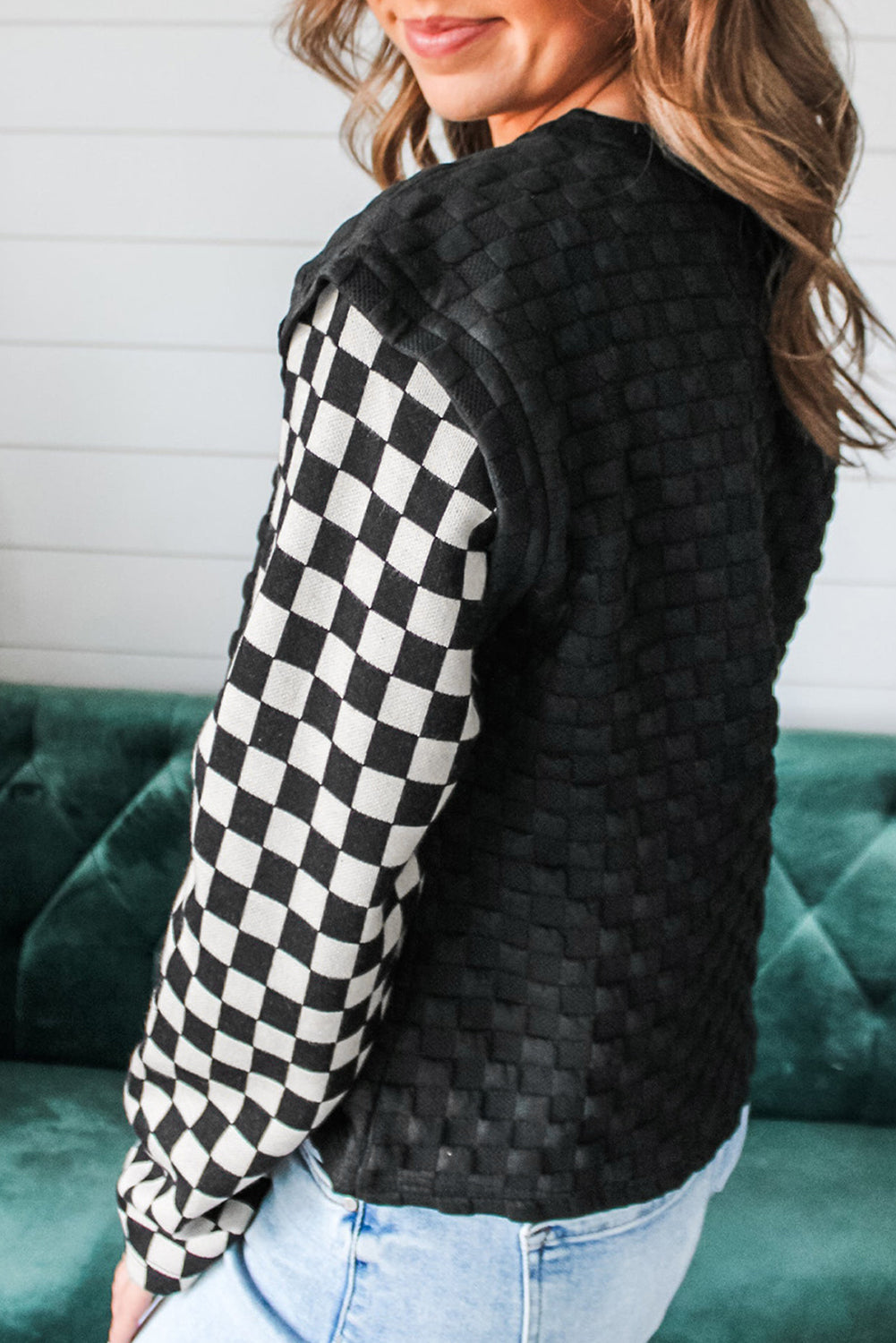 Black Plaid Textured Contrast Checkered Patchwork Long Sleeve Top 🇺🇸