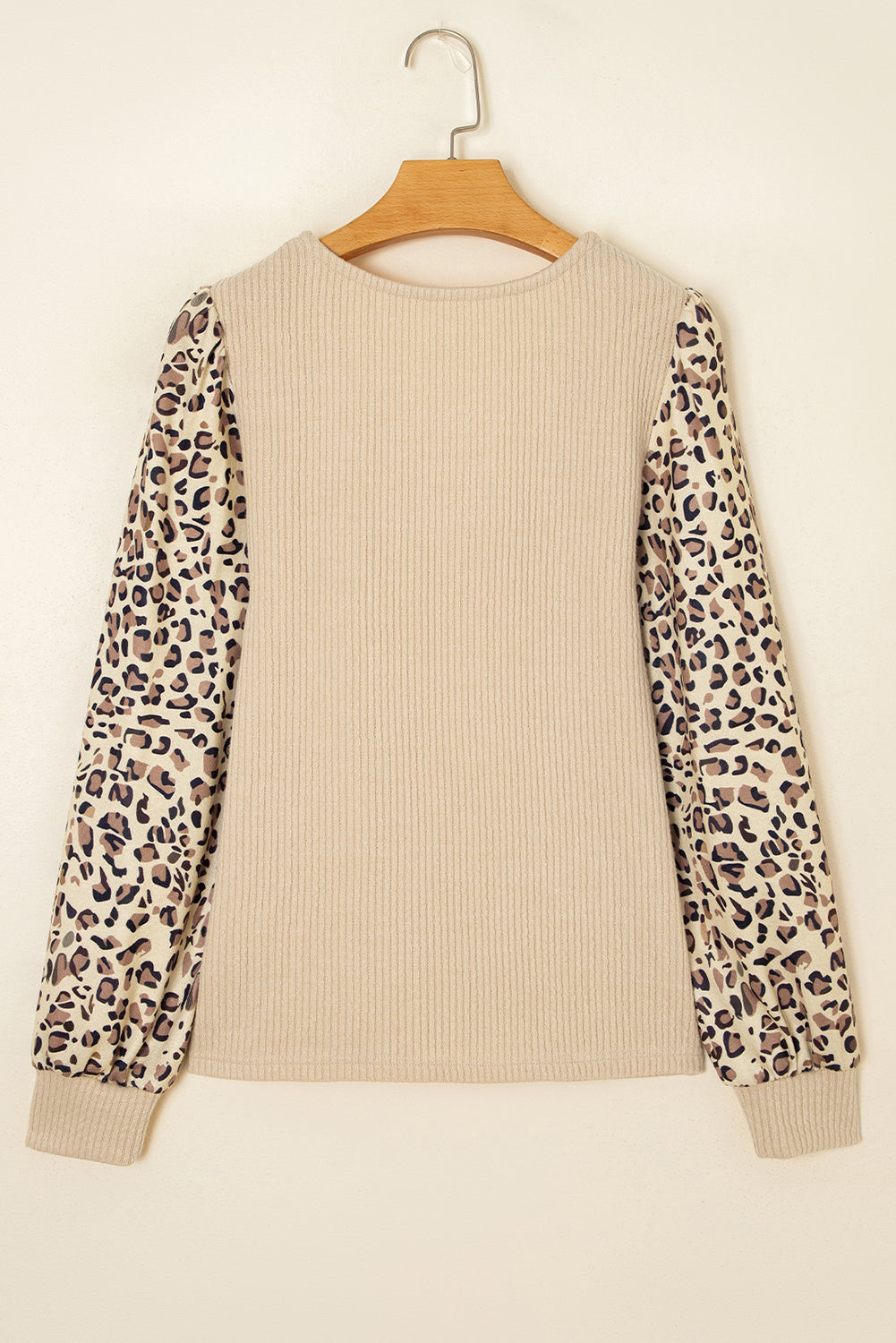 Apricot Leopard Sleeve Patchwork Ribbed Knit U Neck Top 🇺🇸
