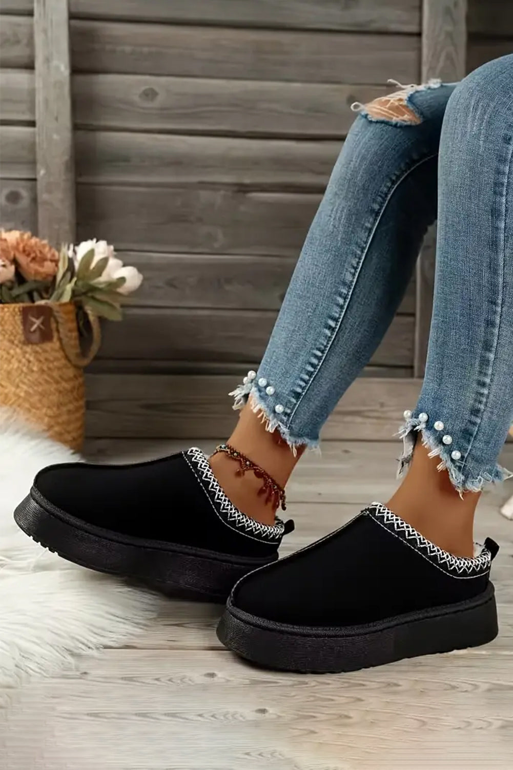 Black Contrast Print Suede Plush Lined Snow Boots 🇺🇸