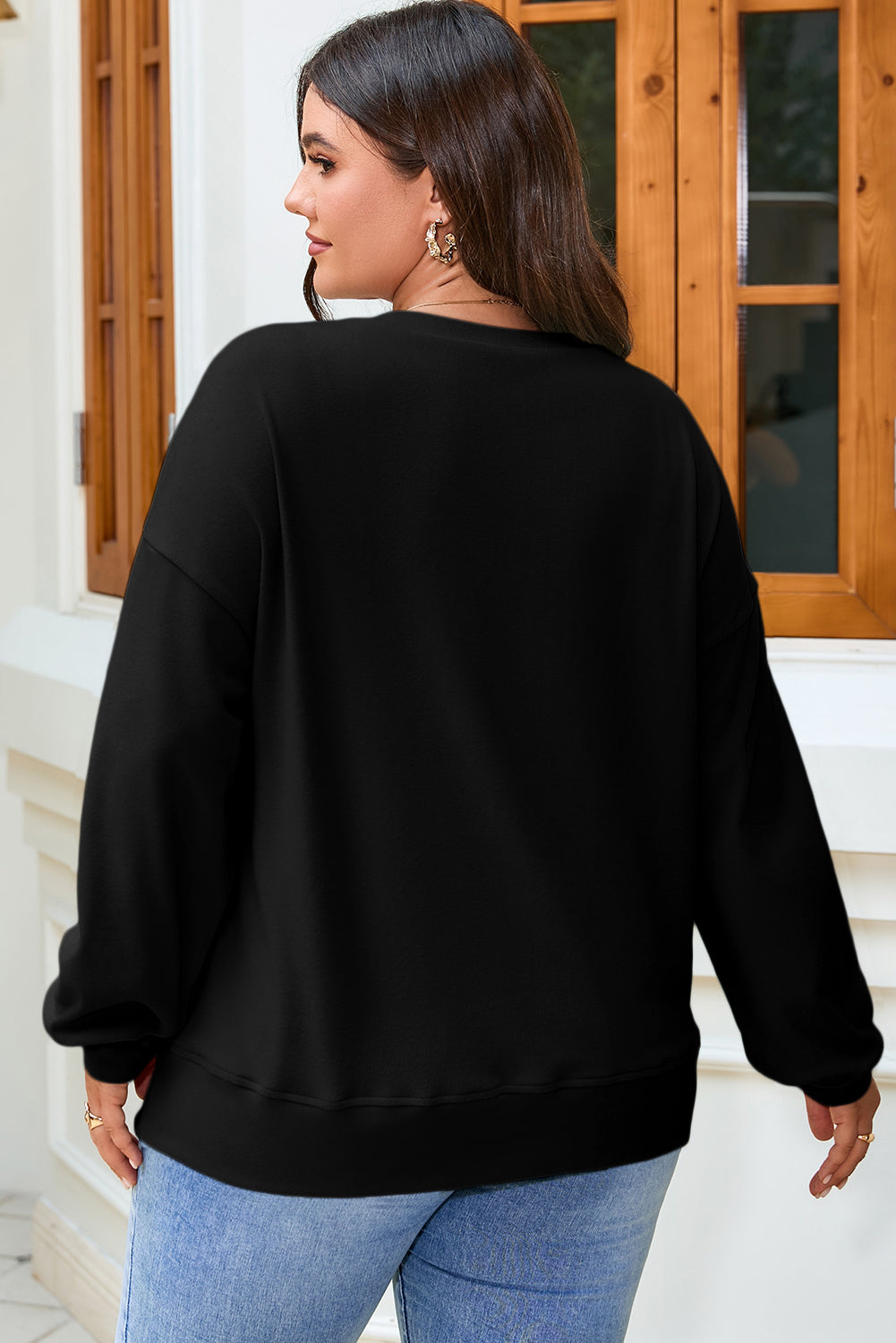 Black Solid Button Placket Crew Neck Plus Size Sweatshirt 🇺🇸