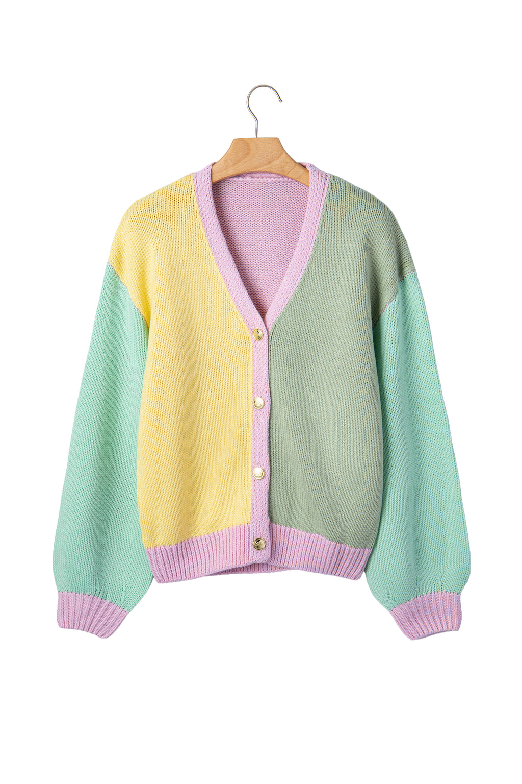 Yellow V Neck Drop Shoulder Patchwork Regular Wash Knitwear Cardigan 🇺🇸