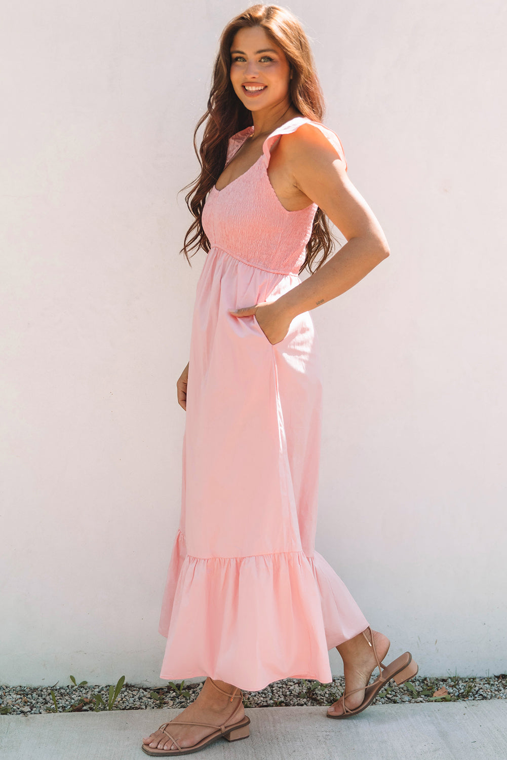 Pink V Neck Flutter Sleeve Smocked Bodice High Waist Ruffle Maxi Dress 🇨🇳