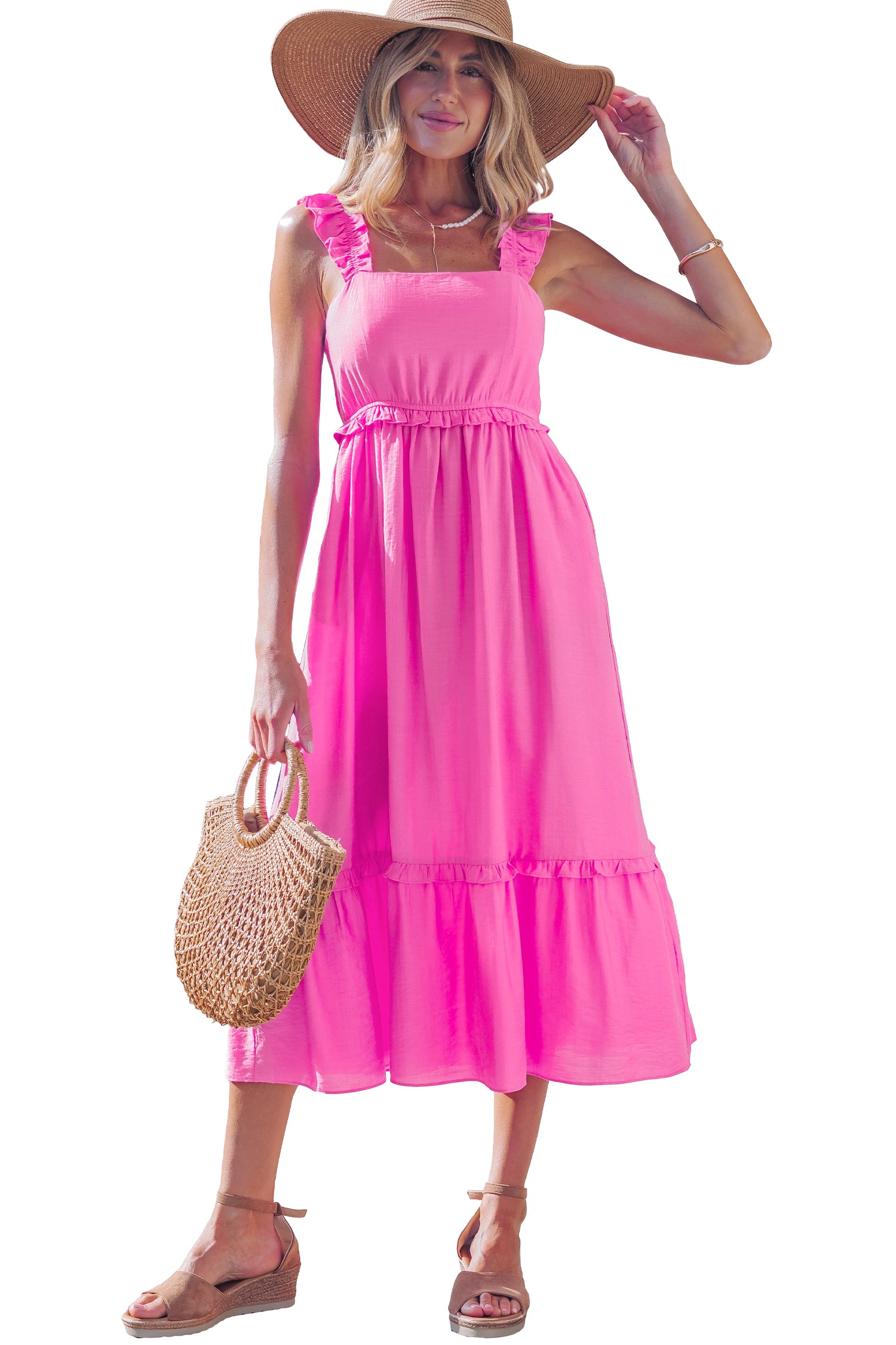 Bonbon Solid Color Ruffle Trim High Waist Sleeveless Maxi Dress 🇺🇸