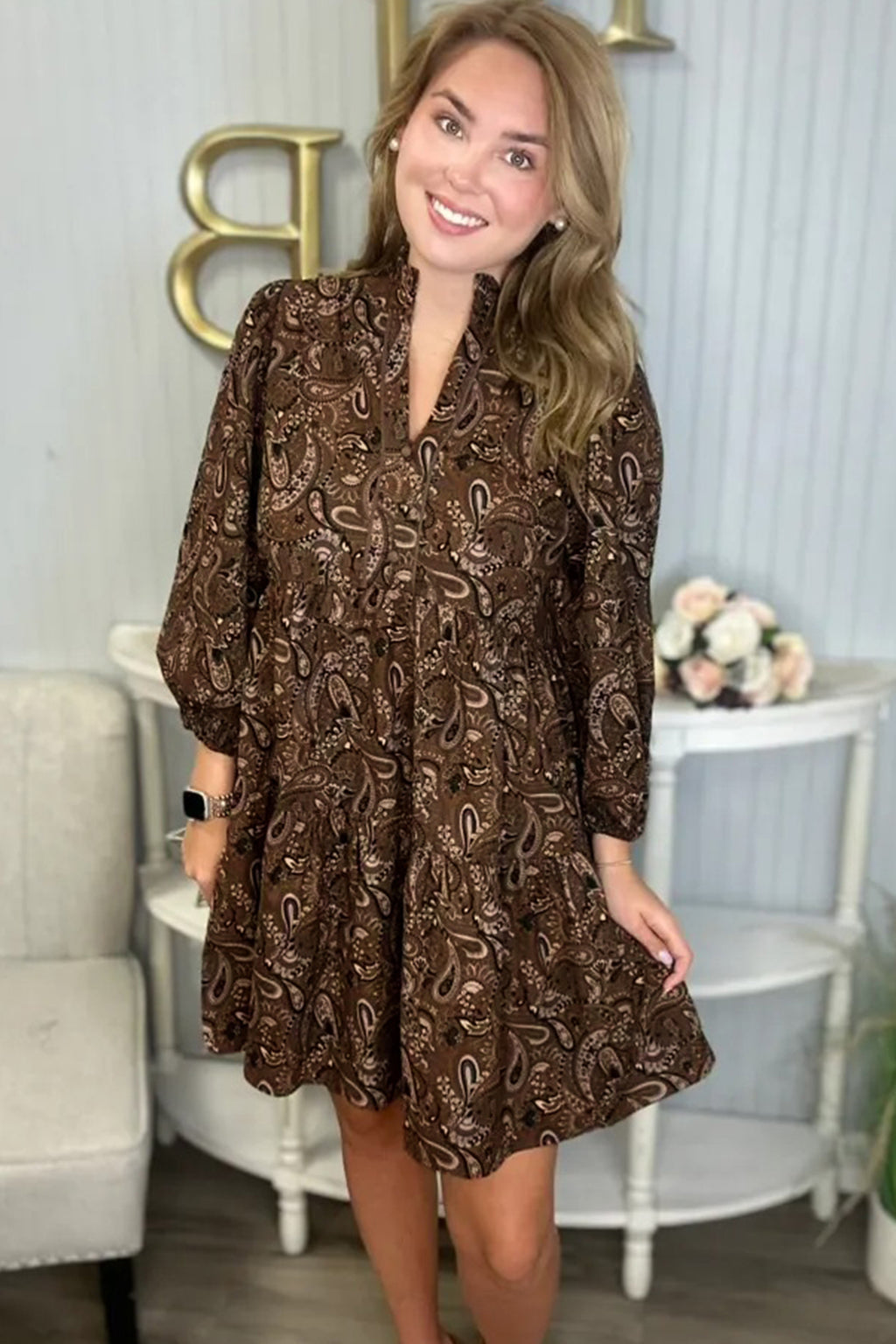 Brown Paisley Print Half Buttons Puff Sleeve Flowy Short Dress 🇺🇸