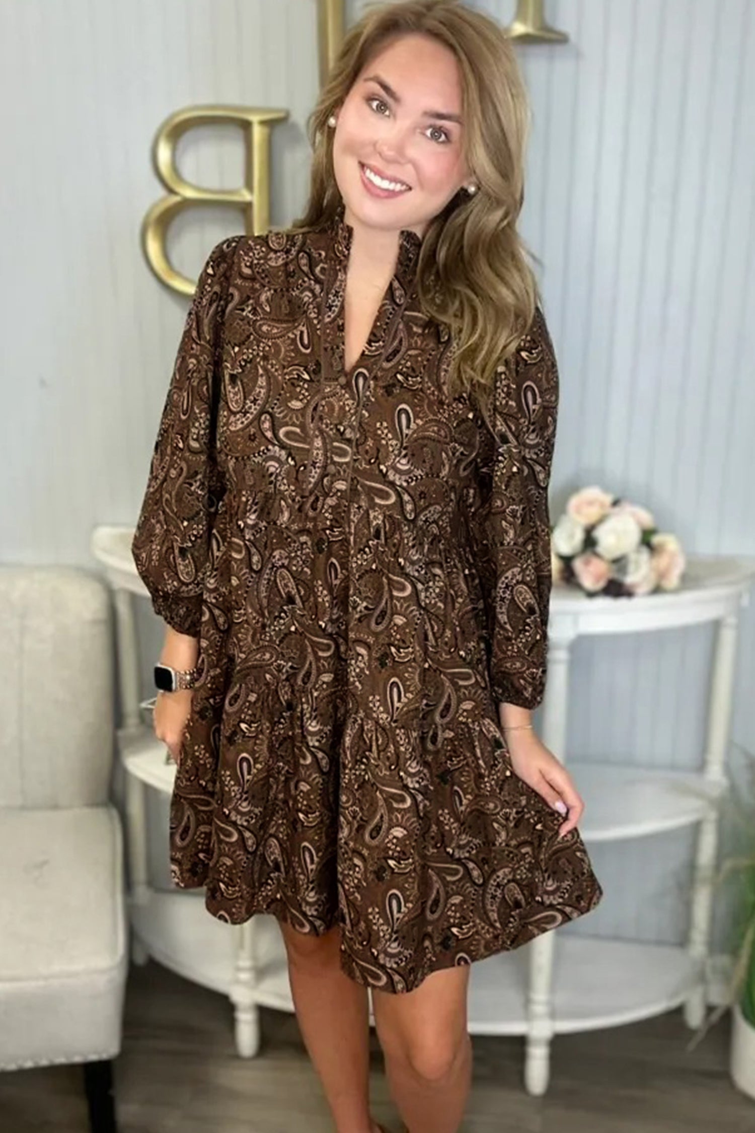 Brown Paisley Print Half Buttons Puff Sleeve Flowy Short Dress 🇺🇸
