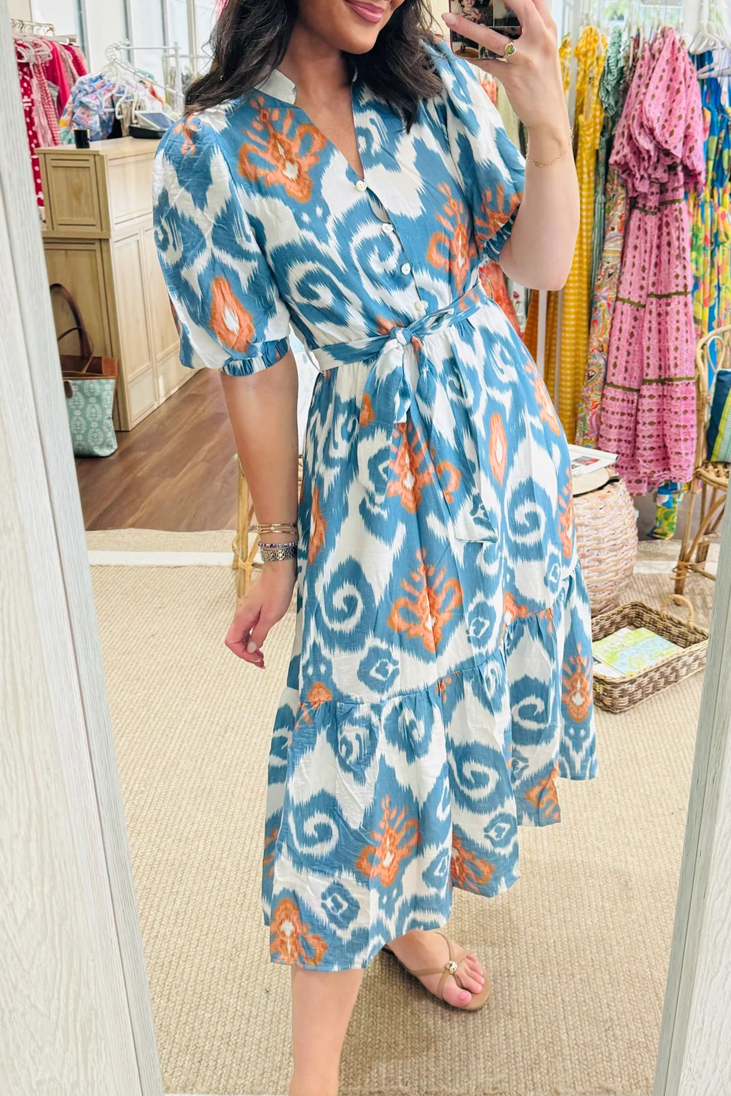 Sky Blue Boho Floral Print Short Puff Sleeve Button Down Ruffle Hem Midi Dress 🇺🇸