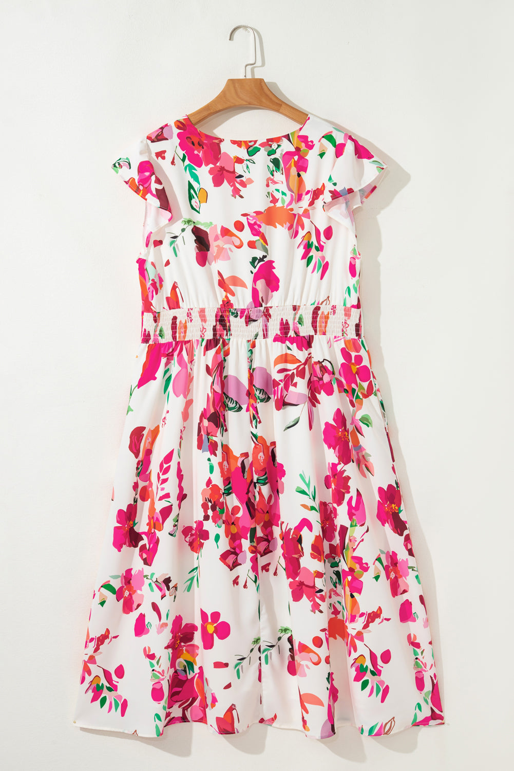 Pink Floral Print V Neck Ruffle Sleeve Plus Size Midi Dress 🇨🇳