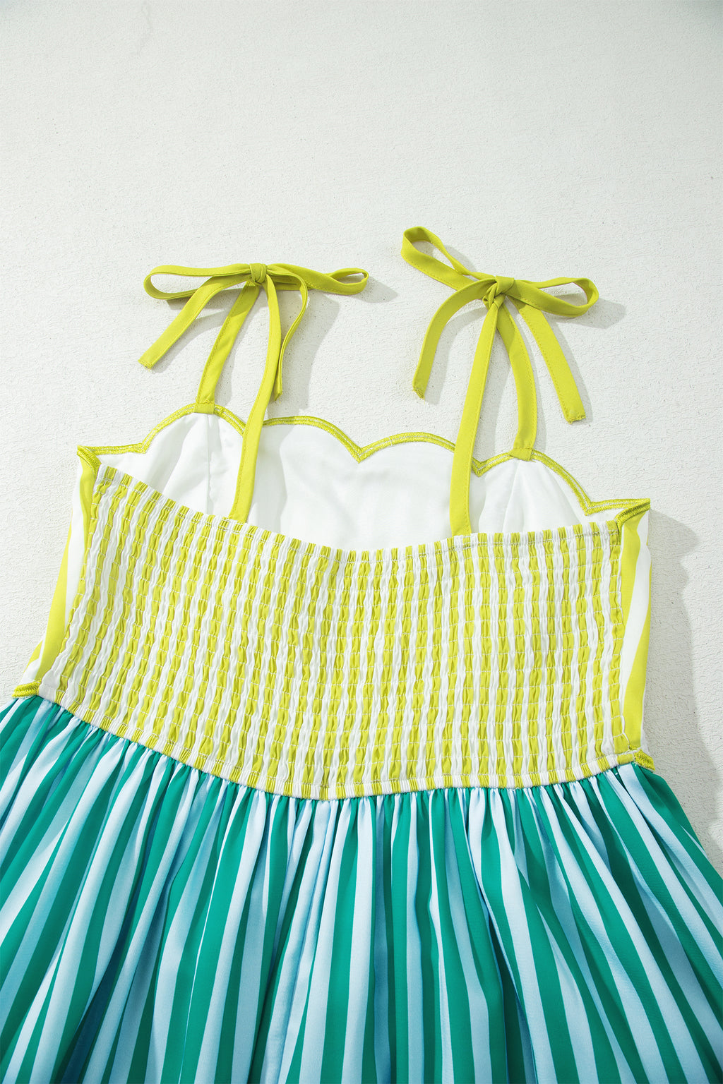 Green Stripe Scalloped Contrast Patchwork Knot Strap Midi Dress 🇺🇸