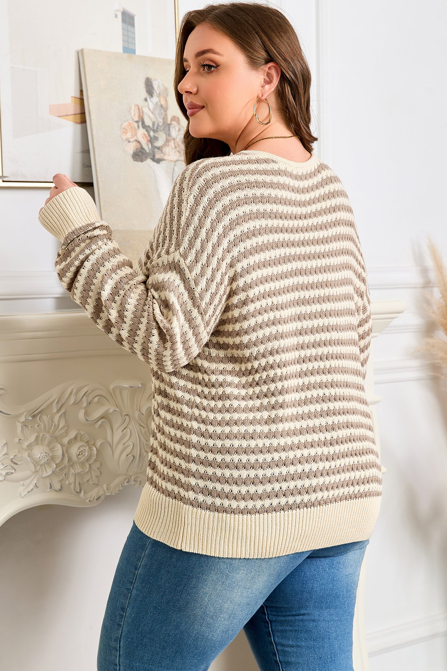 Khaki Stripe Plus Size V Neck Drop Shoulder Sweater 🇺🇸