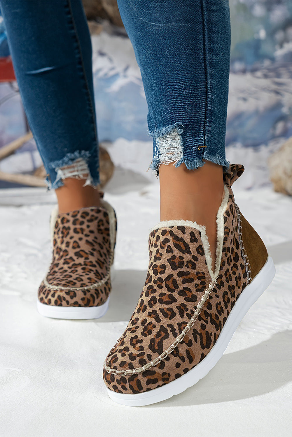 Brown Leopard Print Ankle Patched Flat Winter Fur Boots 🇺🇸