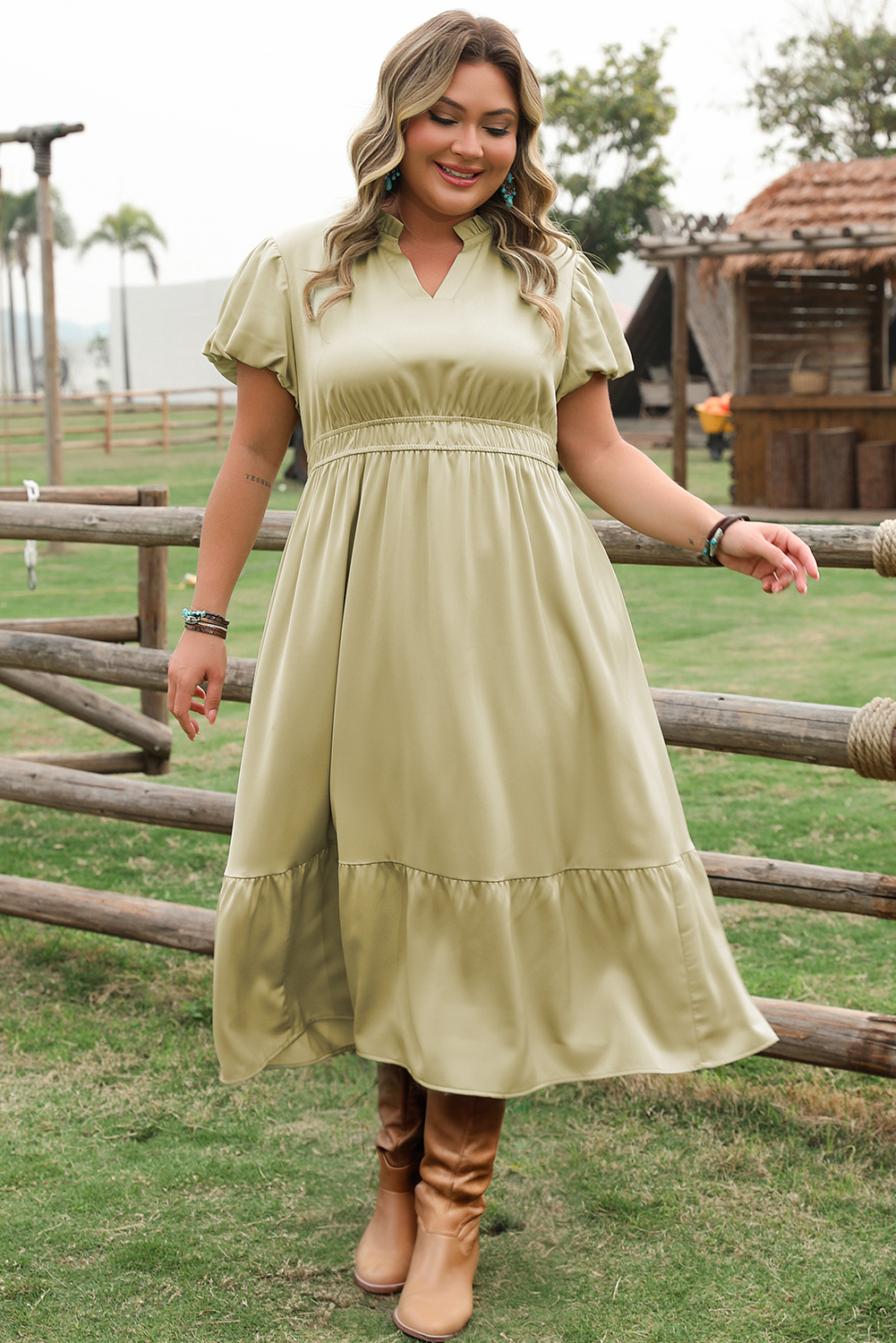 Laurel Green Notched V Neck Puff Sleeve Tiered Plus Size Maxi Dress 🇺🇲