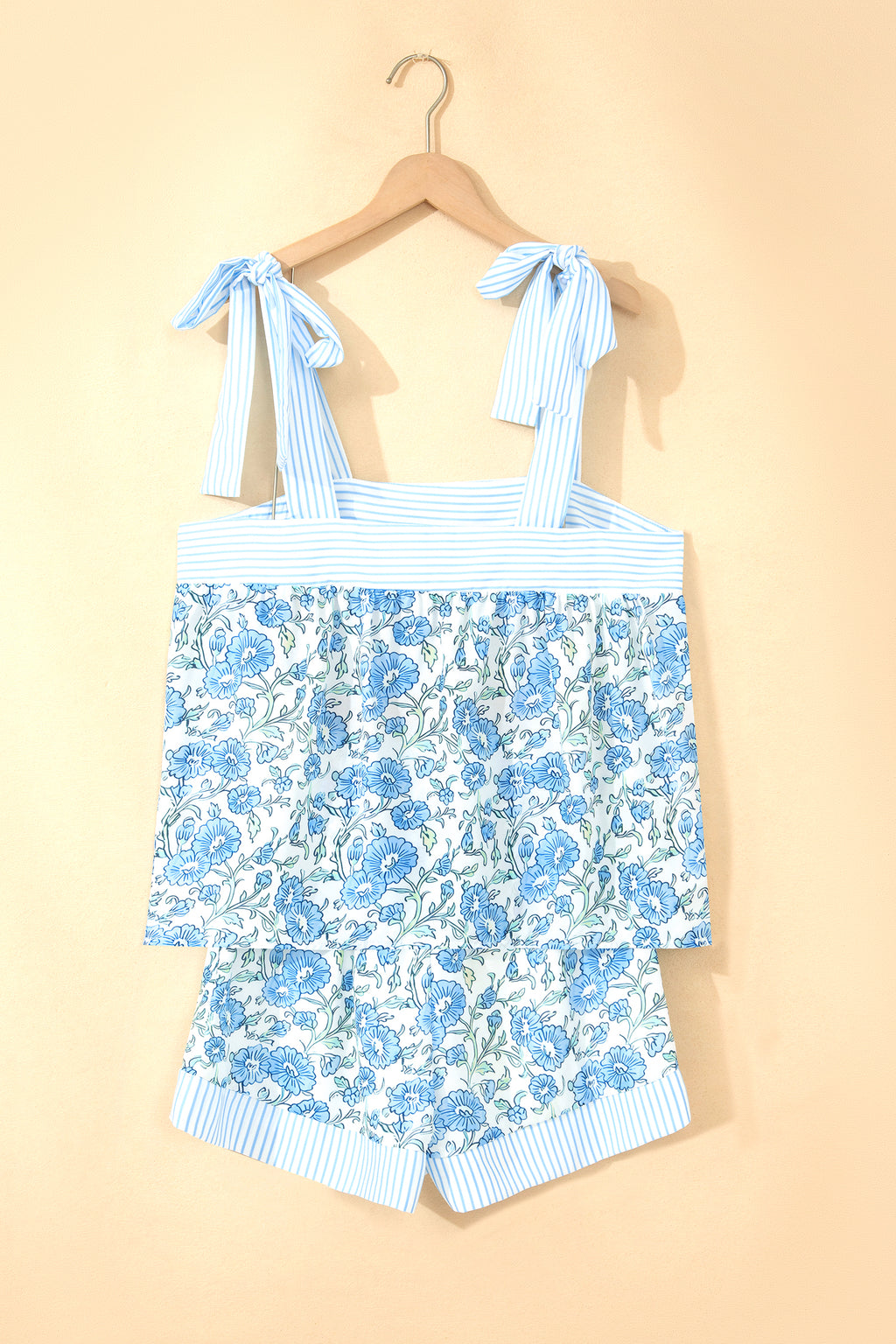 Sky Blue Floral Striped Patchwork Knot Straps 2pcs Short Set 🇺🇸
