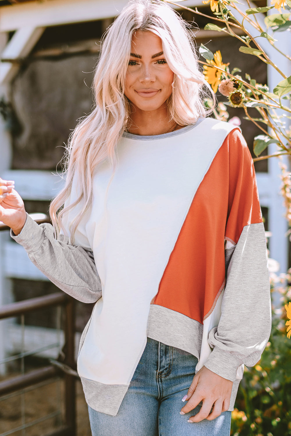 Khaki Colorblock Stitching Irregular Hem Long Sleeve Top 🇺🇸