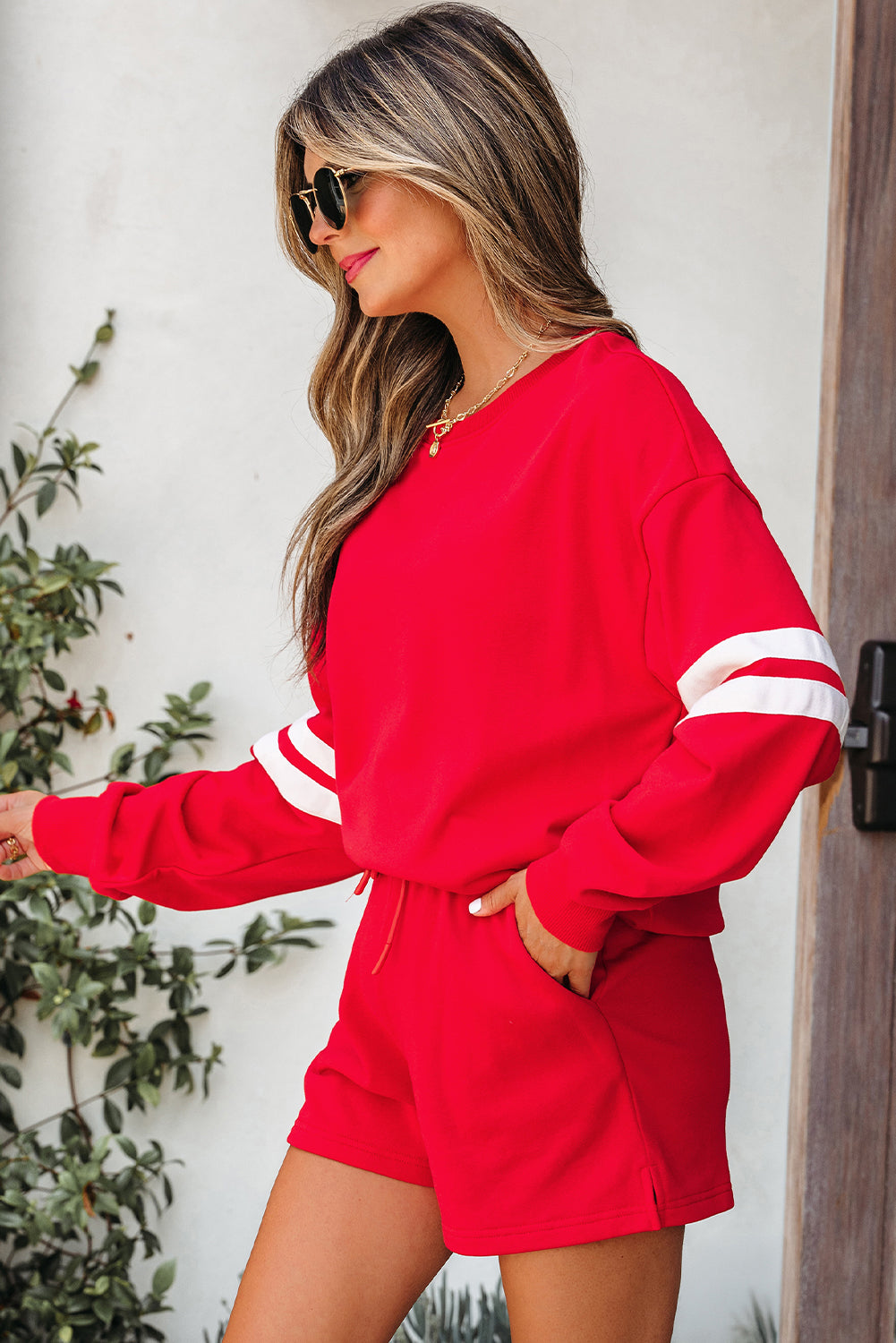 Fiery Red Varsity Striped Sleeve Drop Shoulder Sweatshirt and Short Set 🇺🇲