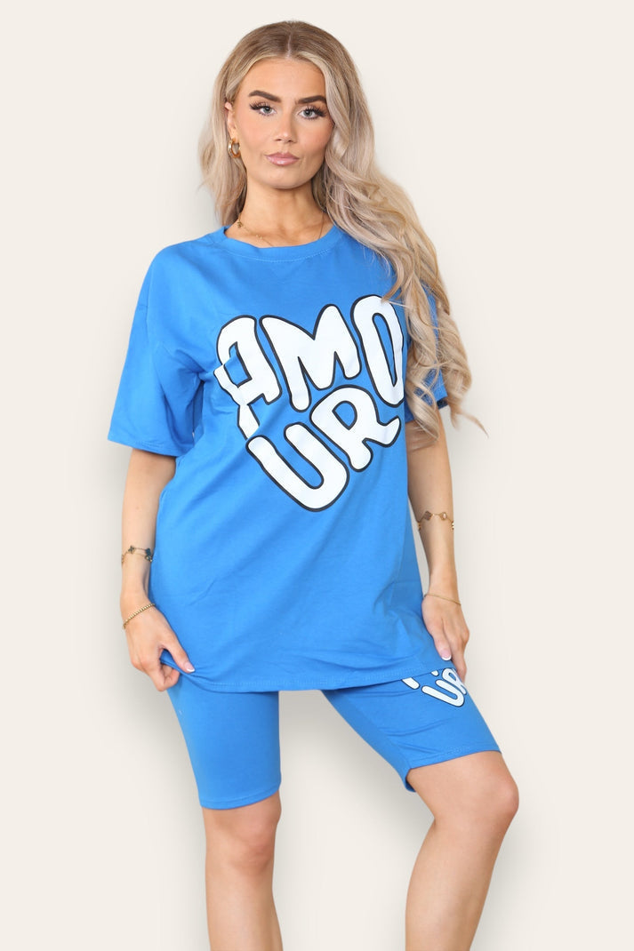 Cycling Short and T-Shirts Co-Ord Two Piece Side Slit Set with Front Printed Slogan 🇬🇧