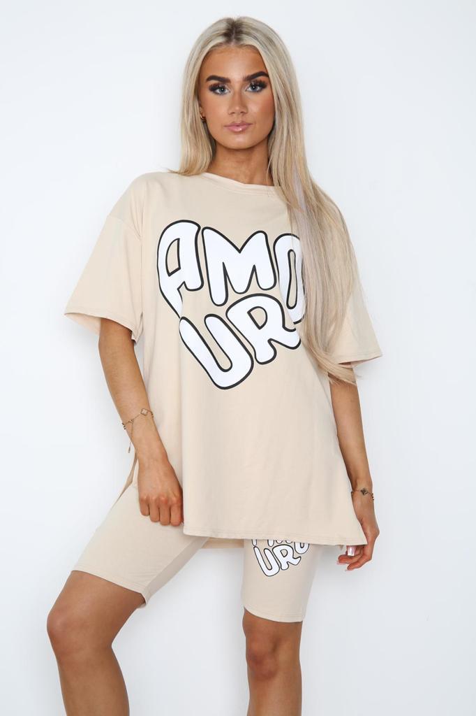 Cycling Short and T-Shirts Co-Ord Two Piece Side Slit Set with Front Printed Slogan 🇬🇧